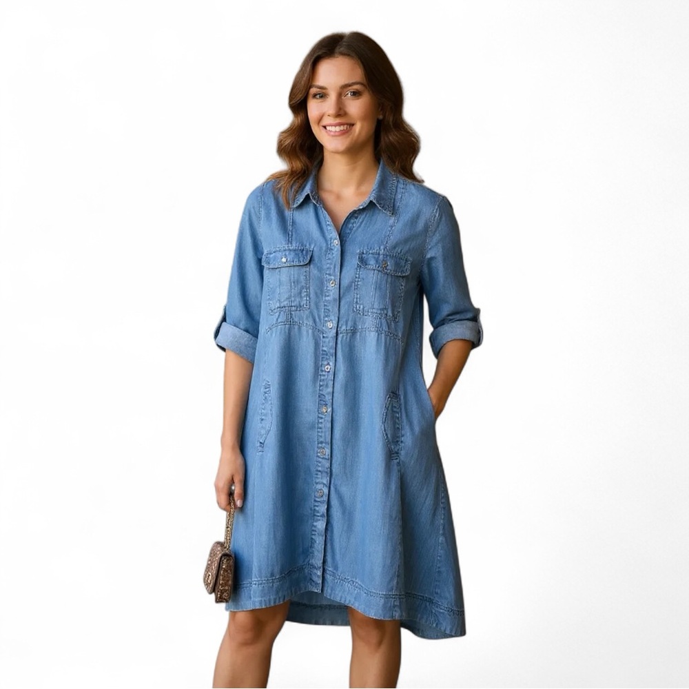 Just Living Chambray Button Down Shirt Style Midi Button Front Western Dress